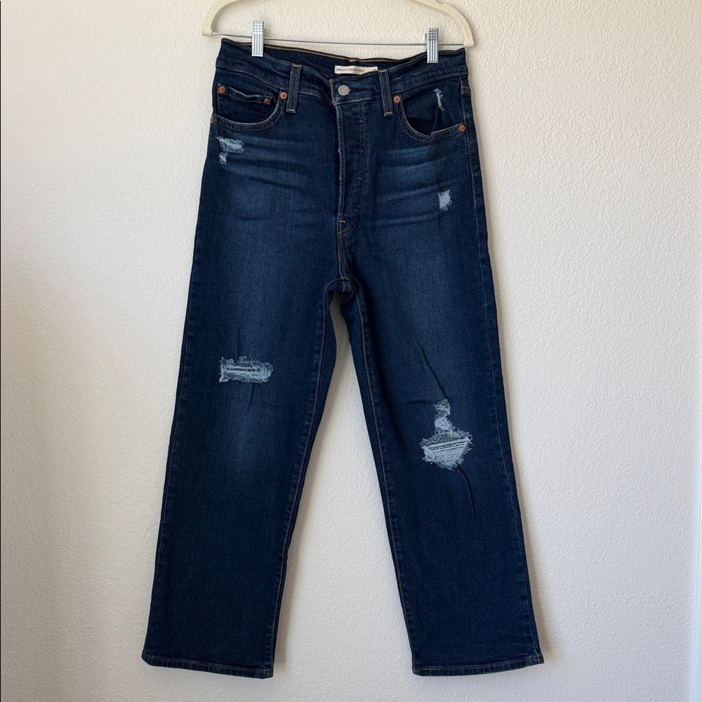 Levi’s Ribcage Straight Ankle Jeans Distressed High Rise Button Fly 29